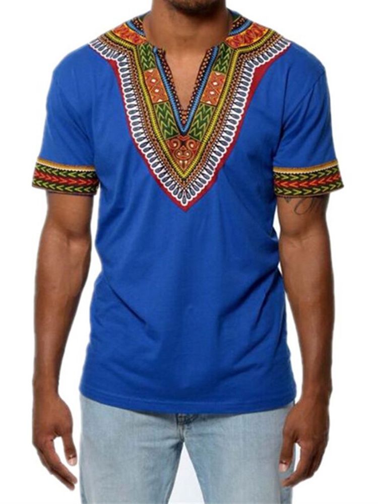 Afrikanskt Mode V-Ringad Dashiki Print Kortärmad T-Shirt För Män