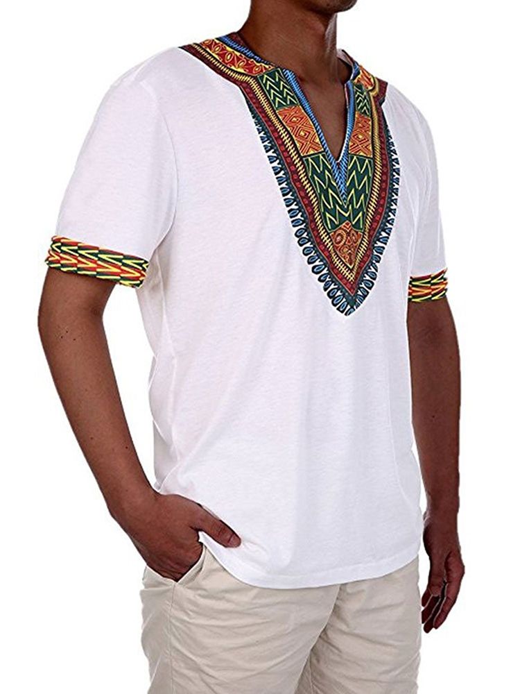 Afrikanskt Mode V-Ringad Dashiki Print Kortärmad T-Shirt För Män