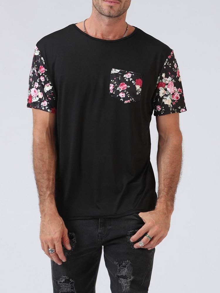 Blommig Patchwork Europeisk Kortärmad Tröja Herr T-Shirt