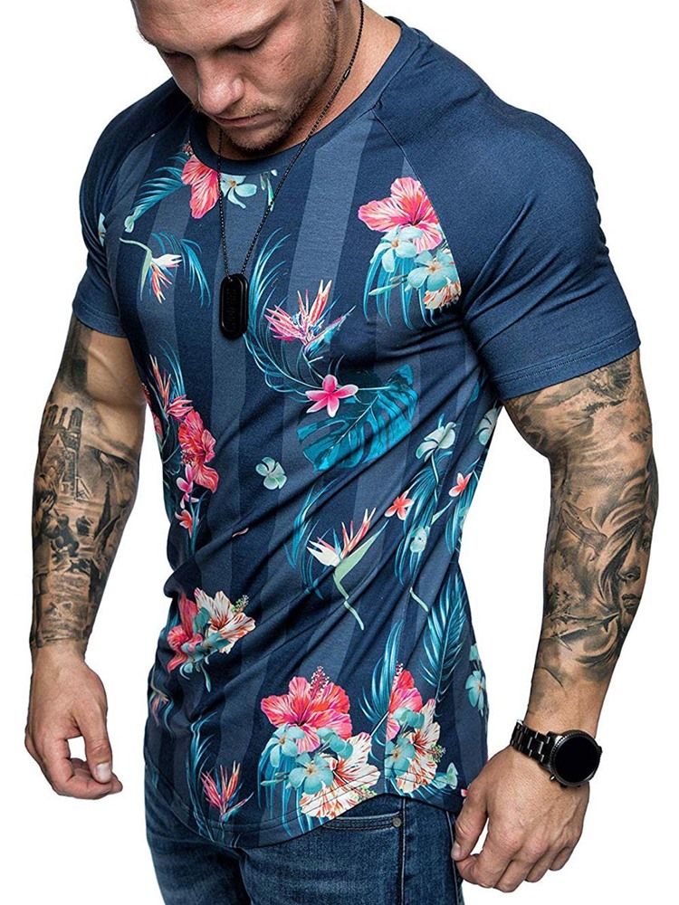 Blommönster Rundhalsad Smal T-Shirt För Män