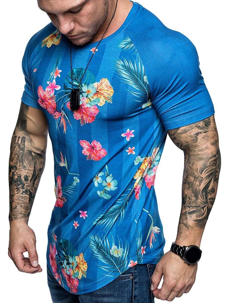 Blommönster Rundhalsad Smal T-Shirt För Män