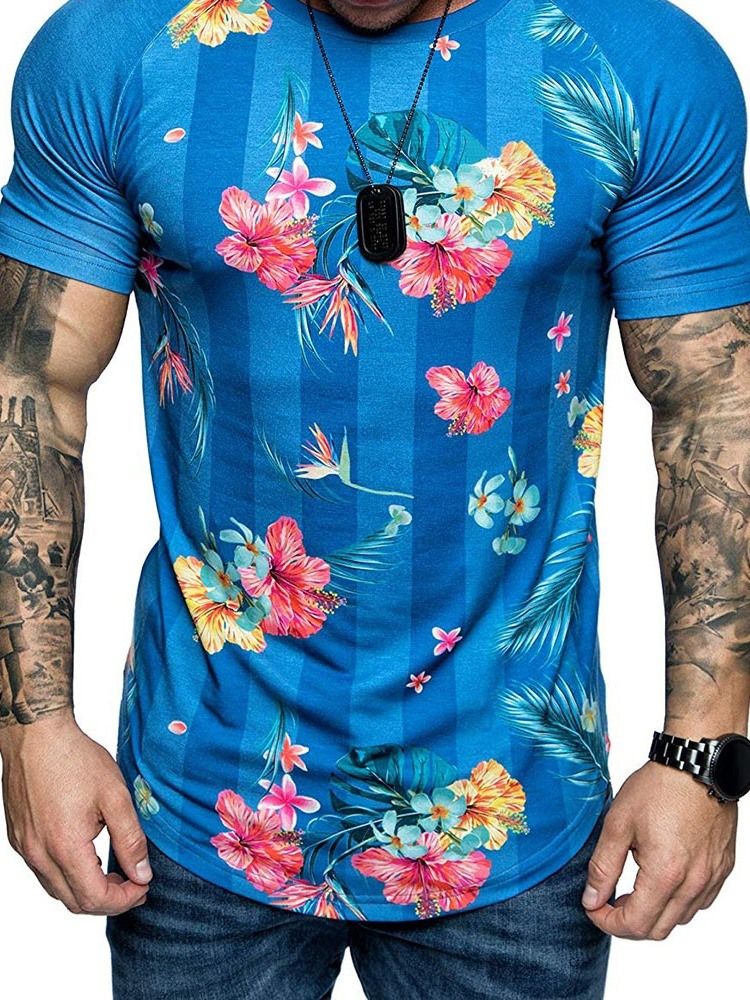 Blommönster Rundhalsad Smal T-Shirt För Män