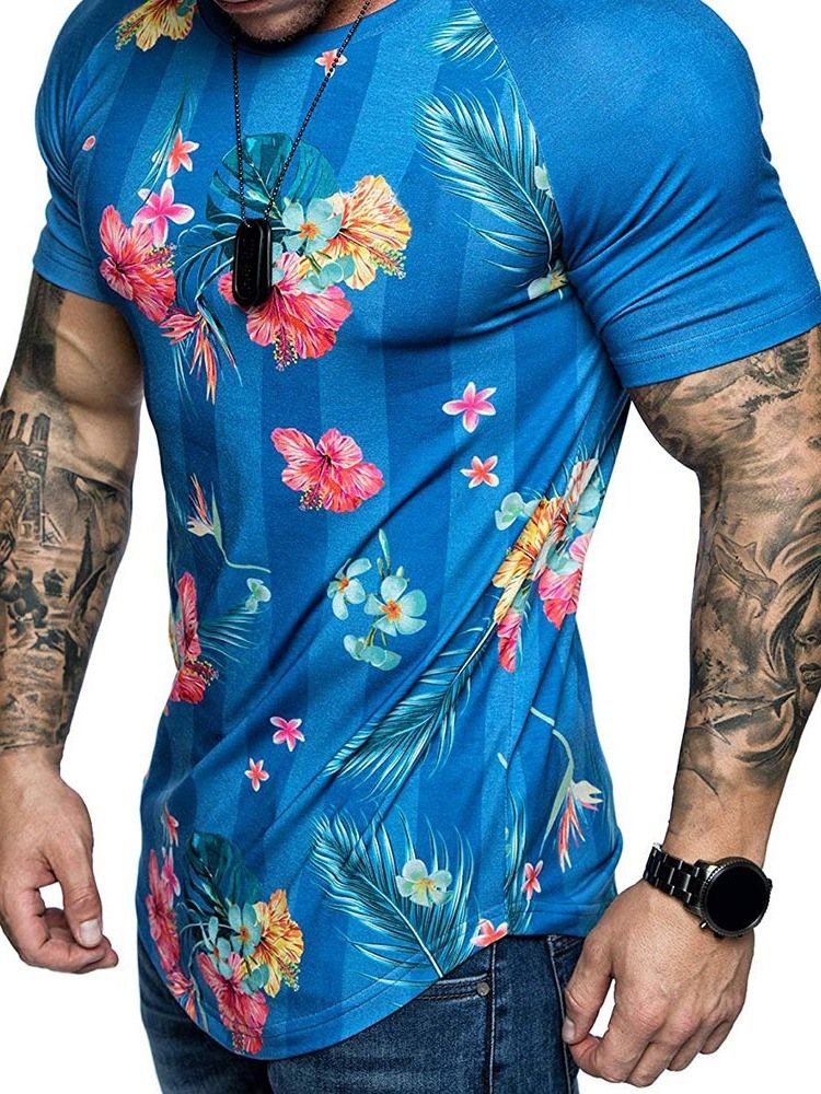 Blommönster Rundhalsad Smal T-Shirt För Män