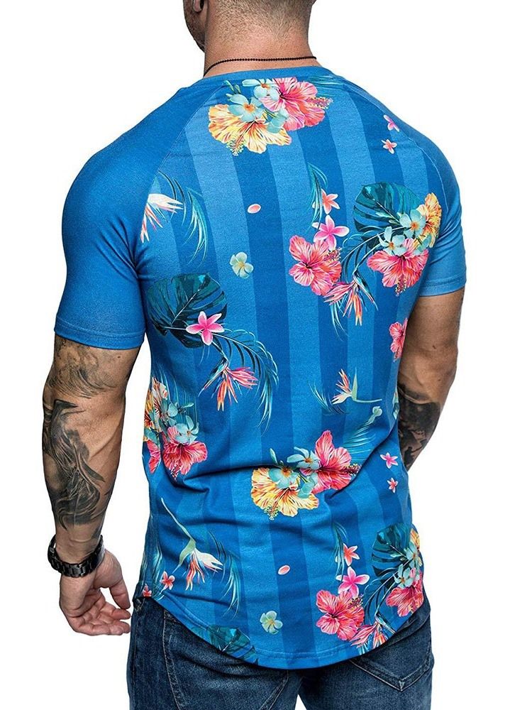 Blommönster Rundhalsad Smal T-Shirt För Män