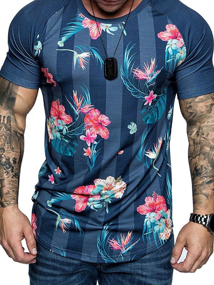 Blommönster Rundhalsad Smal T-Shirt För Män