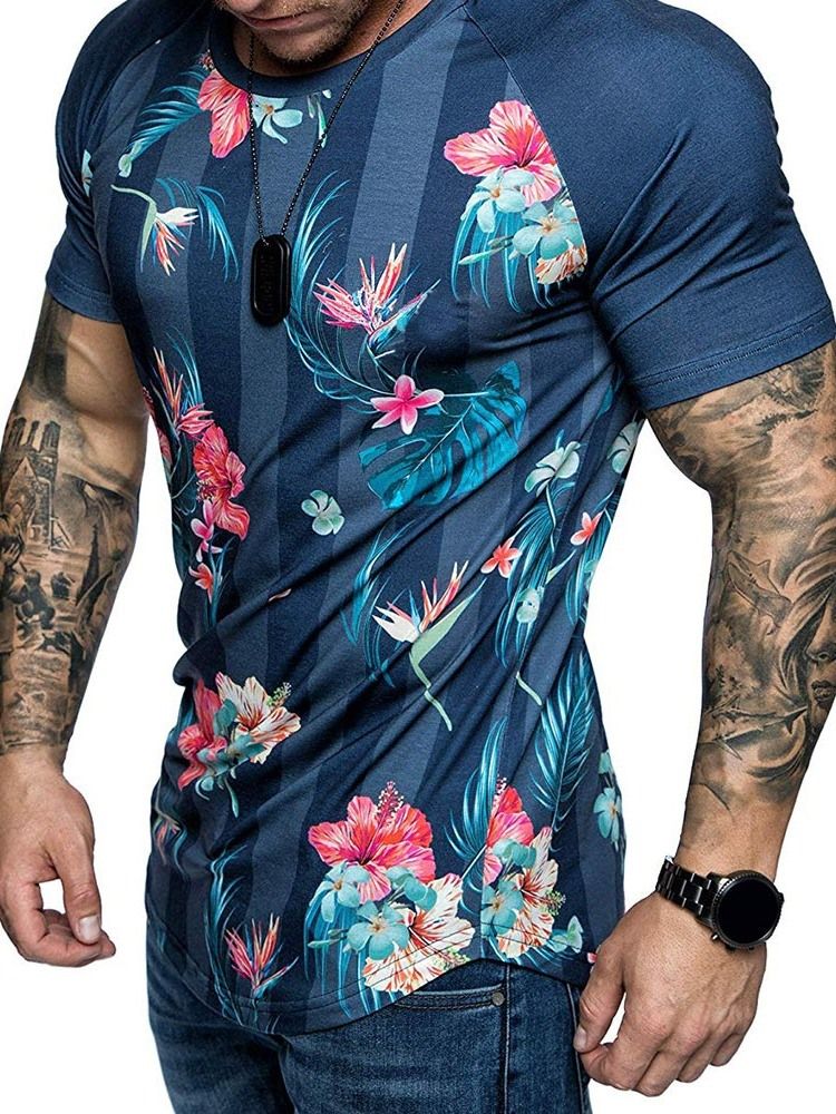 Blommönster Rundhalsad Smal T-Shirt För Män
