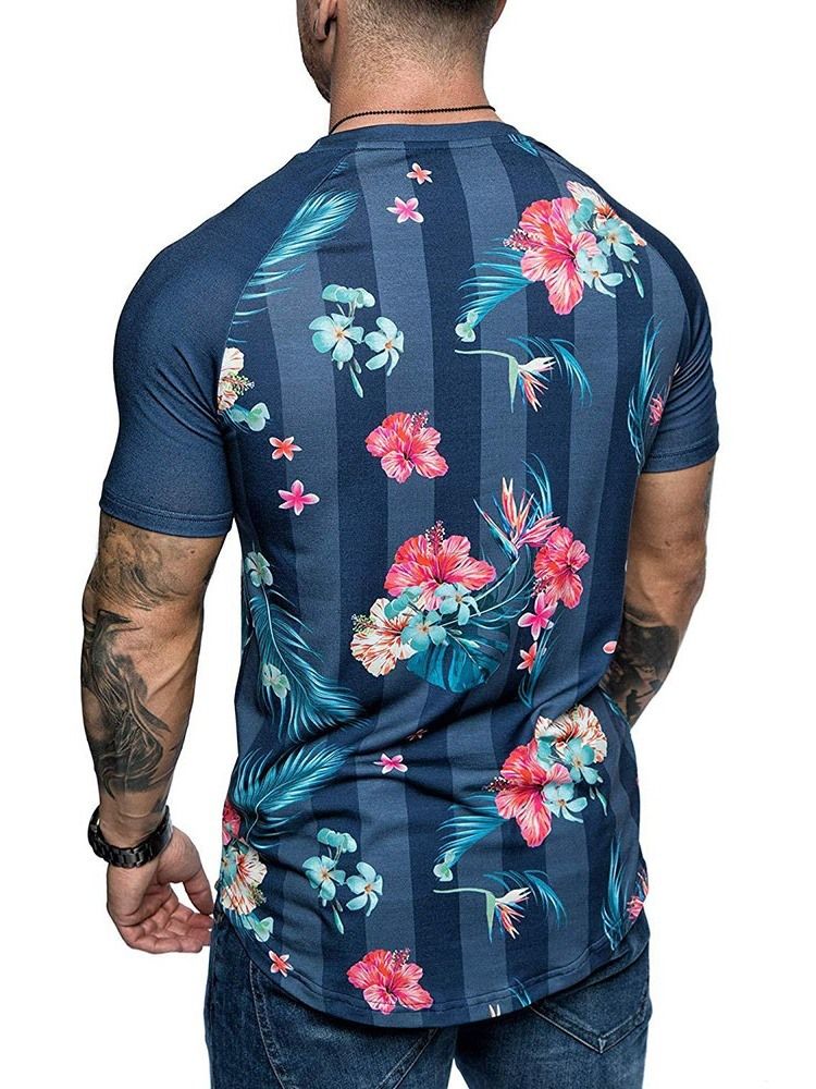 Blommönster Rundhalsad Smal T-Shirt För Män