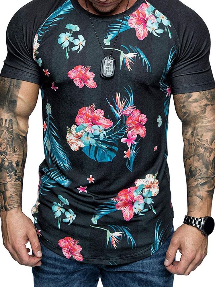 Blommönster Rundhalsad Smal T-Shirt För Män