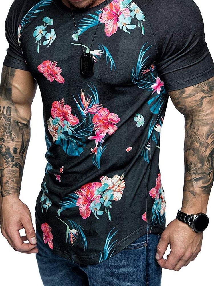 Blommönster Rundhalsad Smal T-Shirt För Män