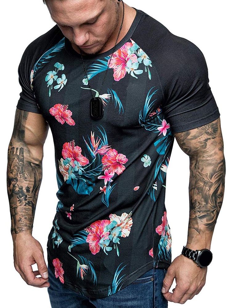 Blommönster Rundhalsad Smal T-Shirt För Män