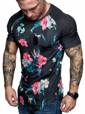 Blommönster Rundhalsad Smal T-Shirt För Män