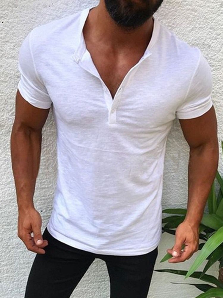 Button Casual Plain Pullover Kortärmad T-Shirt För Män