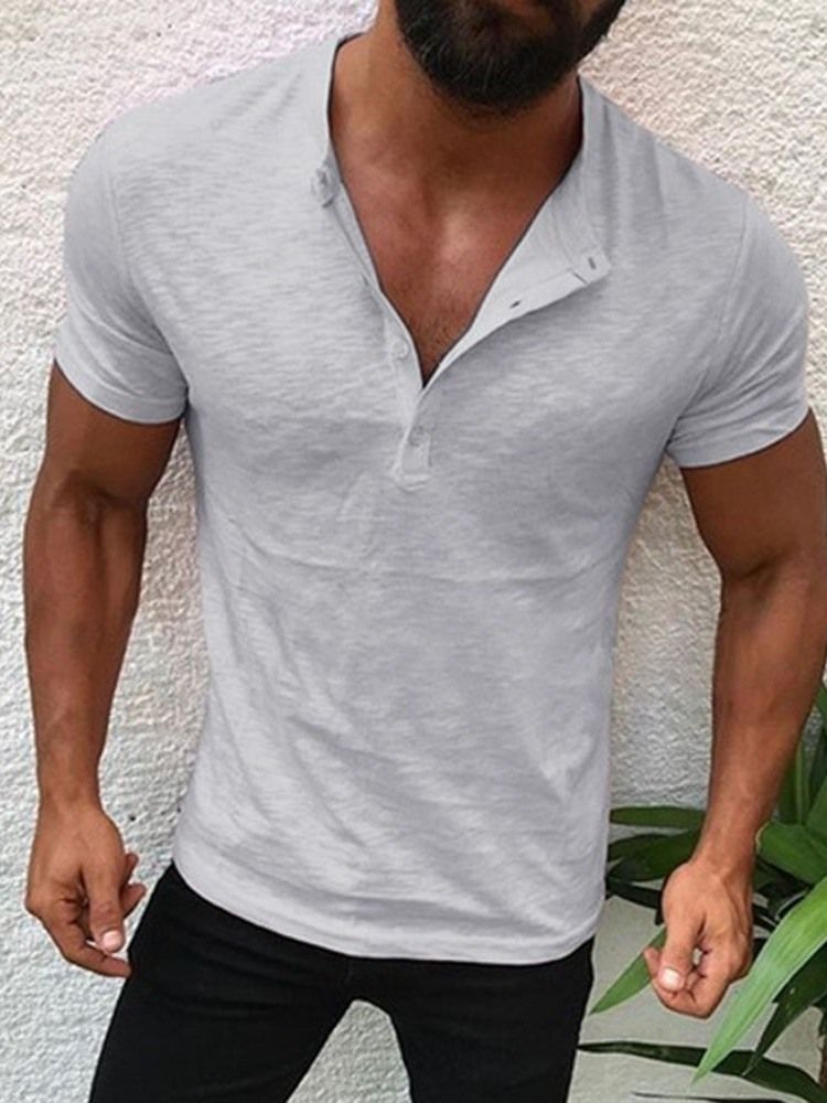 Button Casual Plain Pullover Kortärmad T-Shirt För Män