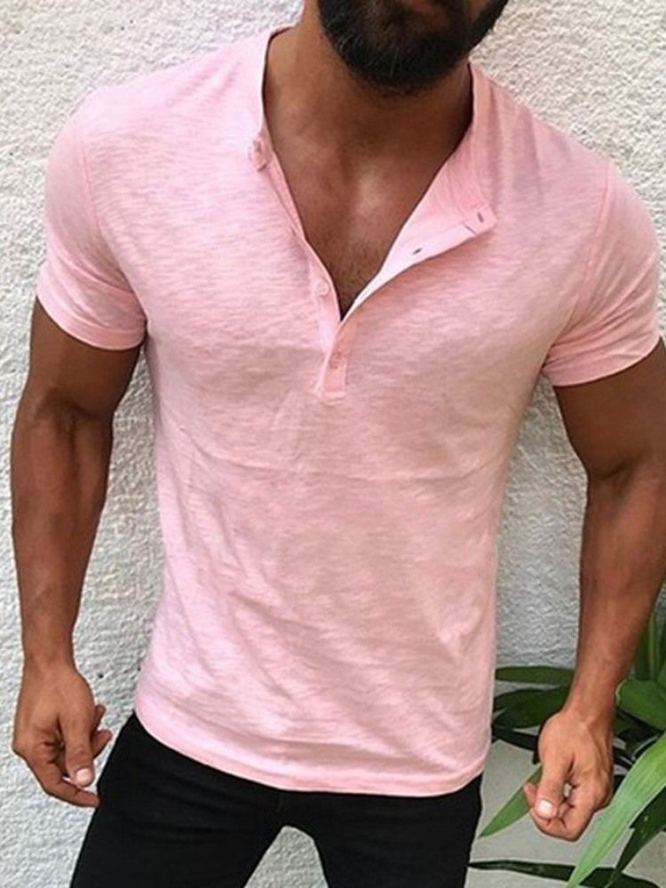 Button Casual Plain Pullover Kortärmad T-Shirt För Män