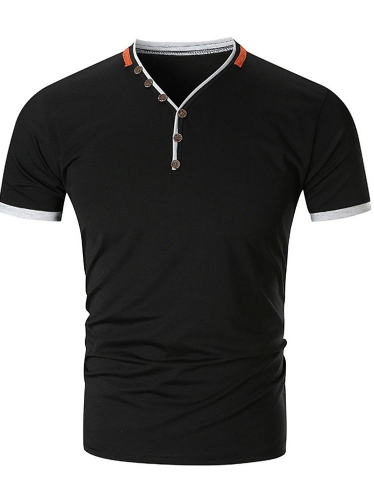 Button Color Block V-Hals Slim T-Shirt För Män