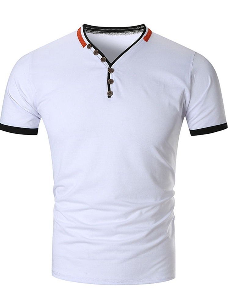 Button Color Block V-Hals Slim T-Shirt För Män