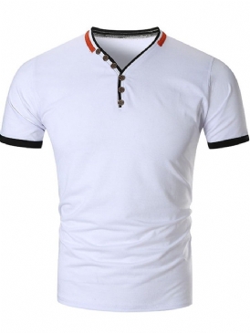 Button Color Block V-Hals Slim T-Shirt För Män