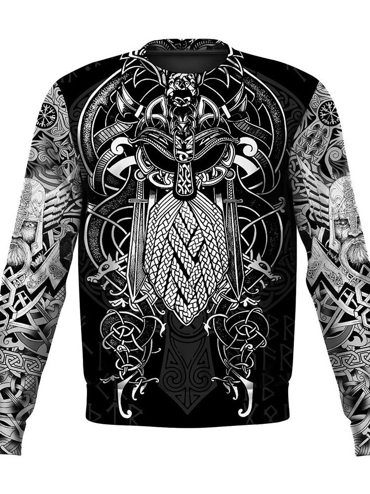 Casual Print Rund Hals Rak Långärmad T-Shirt För Män