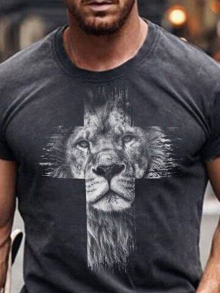 Casual Print Rund Neck Kortärmad Rak T-Shirt För Män