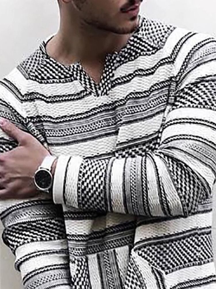 Casual Stripe Print Långärmad Lös T-Shirt För Män