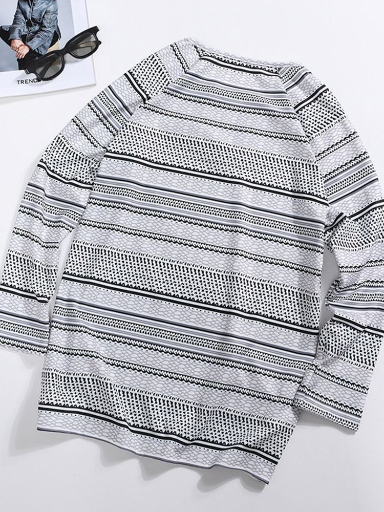 Casual Stripe Print Långärmad Lös T-Shirt För Män