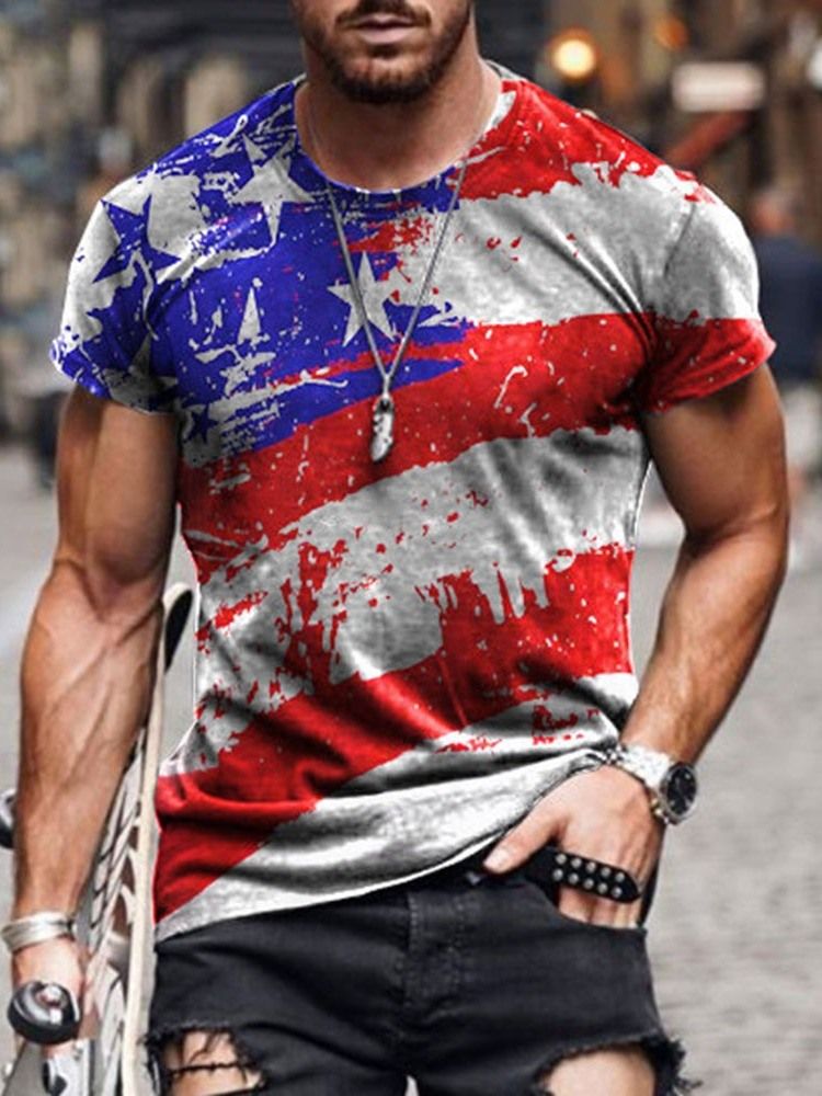 Color Block Print Casual Kortärmad Lös T-Shirt För Män