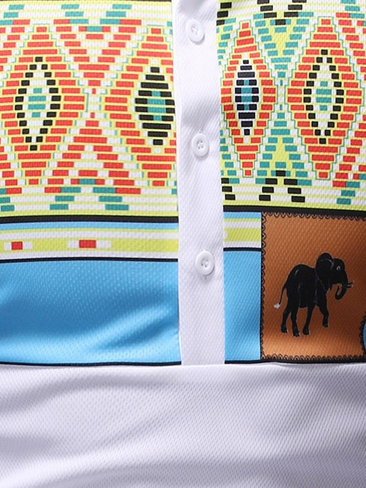 Color Block Print Stand Krage Rak Kortärmad T-Shirt För Män