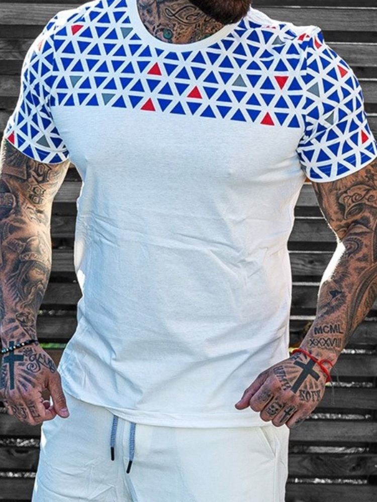 European Print Color Block Lös Pullover T-Shirt För Män