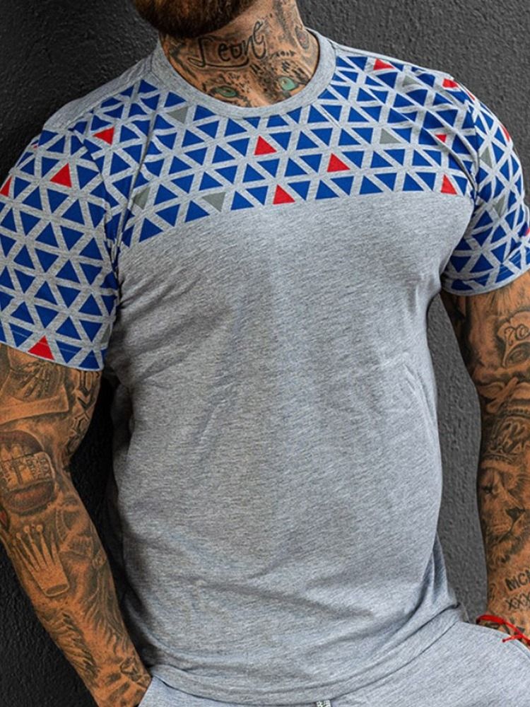 European Print Color Block Lös Pullover T-Shirt För Män