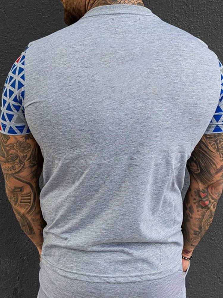 European Print Color Block Lös Pullover T-Shirt För Män