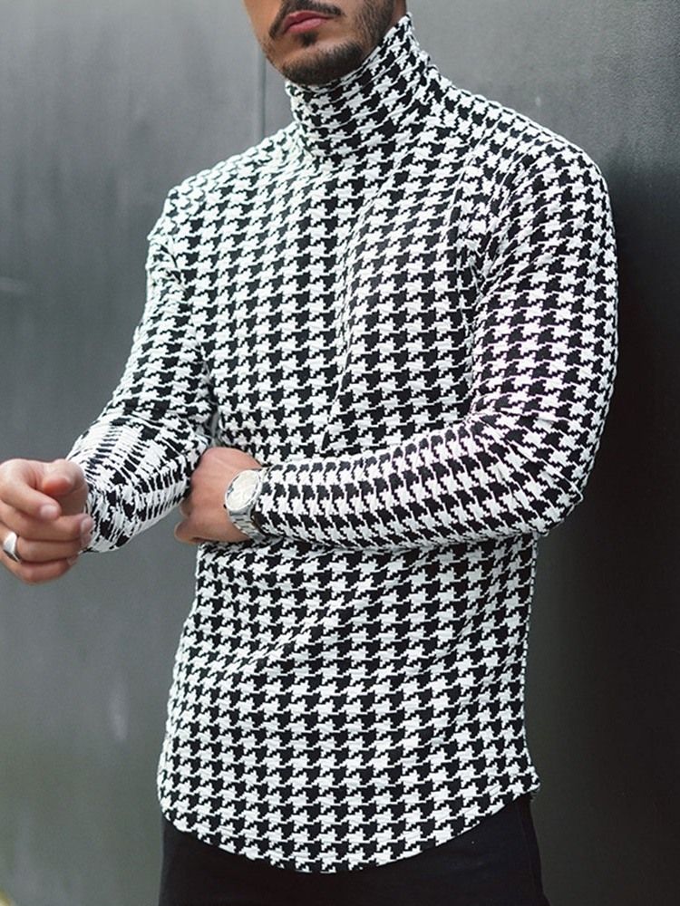 Houndstooth Casual Turtleneck Slim Långärmad T-Shirt