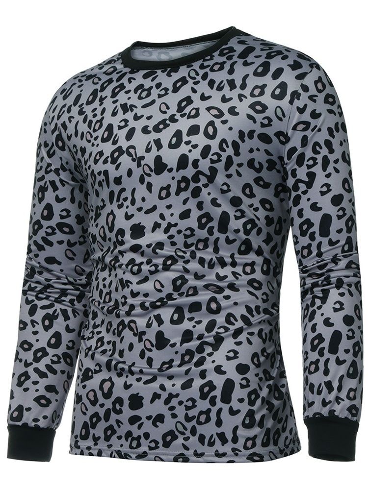 Mode Leopard Rund Hals Långärmad Stil Smal T-Shirt För Män