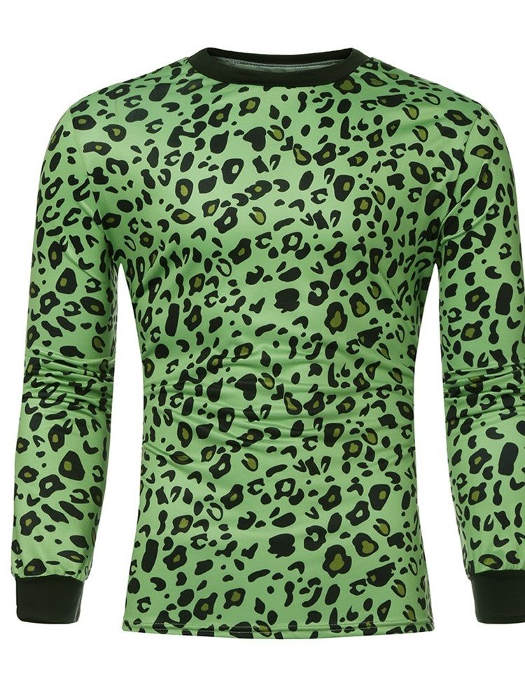 Mode Leopard Rund Hals Långärmad Stil Smal T-Shirt För Män