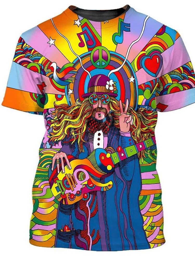 Patchwork European Rund Neck Pullover Kortärmad Herr T-Shirt