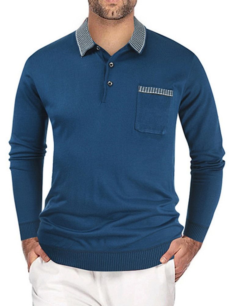 Polo Neck Color Block Button Långärmad Pullover T-Shirt
