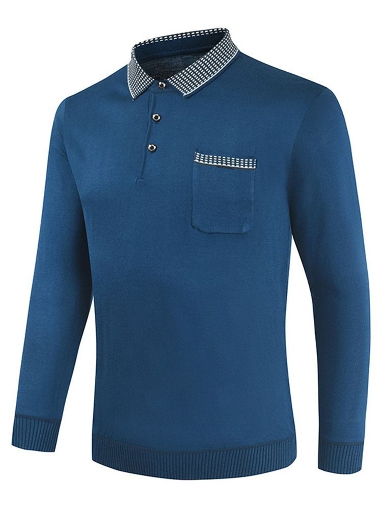 Polo Neck Color Block Button Långärmad Pullover T-Shirt