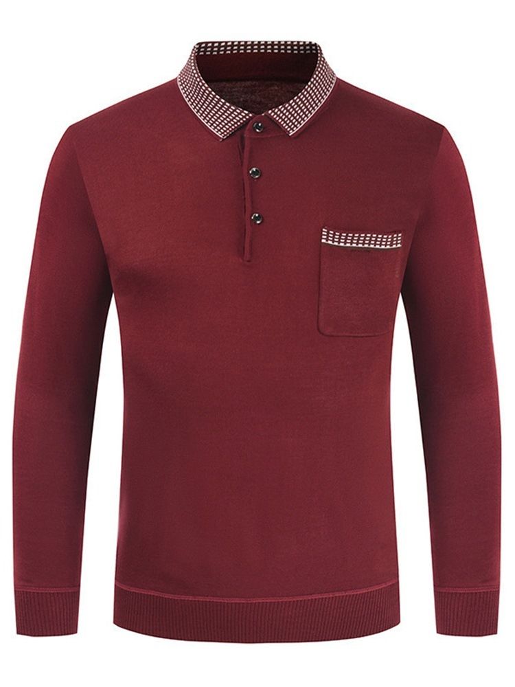Polo Neck Color Block Button Långärmad Pullover T-Shirt