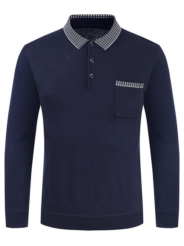 Polo Neck Color Block Button Långärmad Pullover T-Shirt