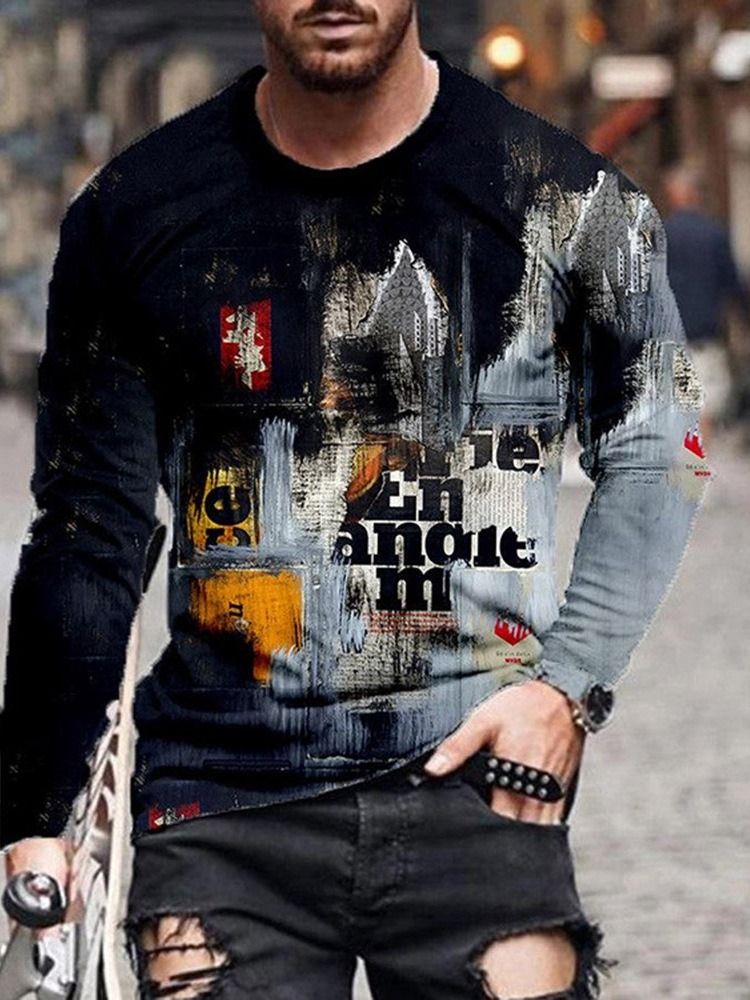 Print Casual Rundhalsad Smal Långärmad T-Shirt