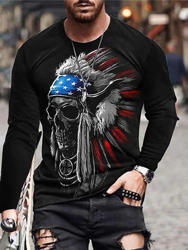 Print Casual Rundhalsad Smal Långärmad T-Shirt