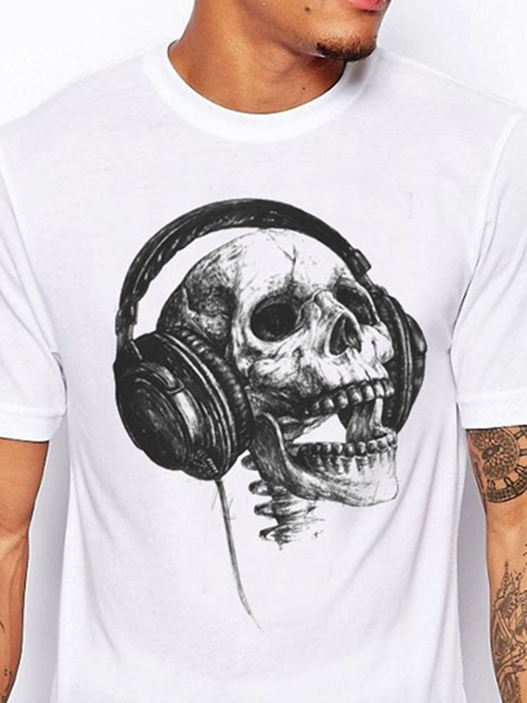 Print Casual Skull Kortärmad Slim T-Shirt För Män