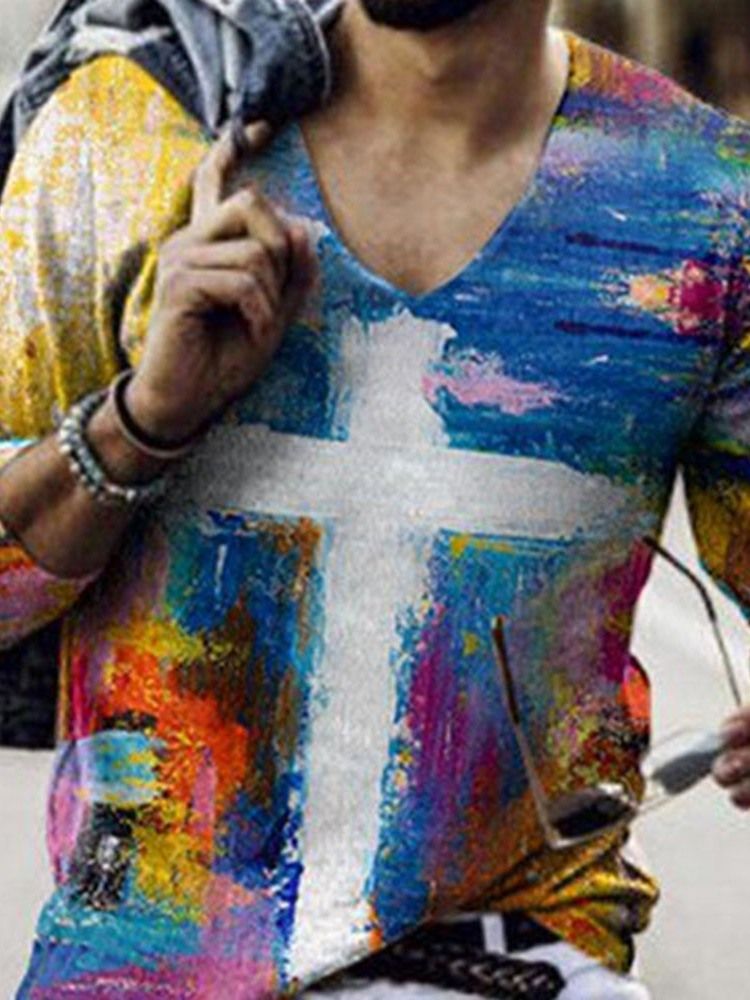 Print European Color Block Slim Långärmad T-Shirt För Män