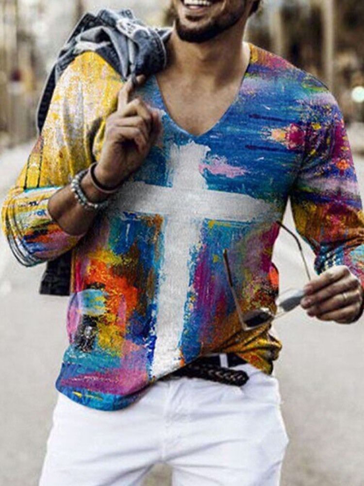 Print European Color Block Slim Långärmad T-Shirt För Män