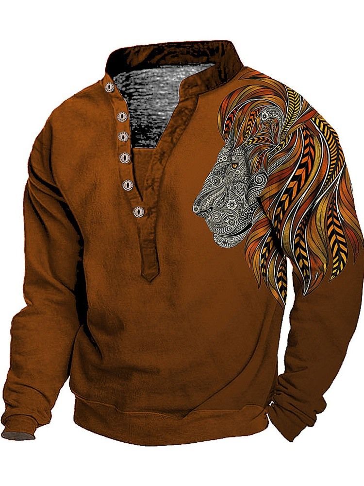 Print European Stand Collar Pullover Långärmad T-Shirt