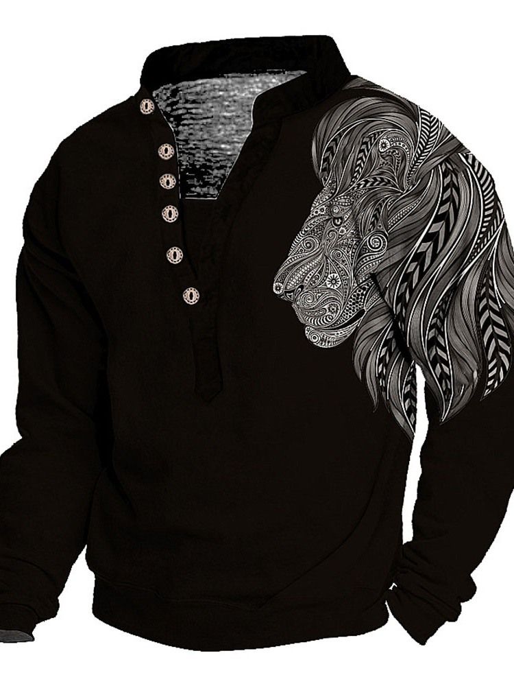 Print European Stand Collar Pullover Långärmad T-Shirt