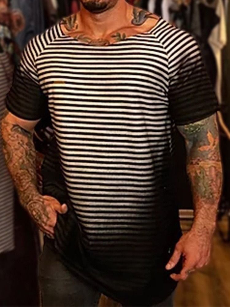 Print Stripe Rund Neck Pullover Kortärmad T-Shirt För Män