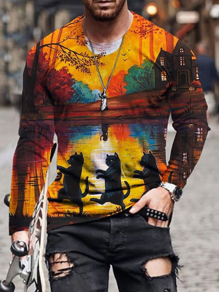 Rund Hals Avslappnad Tryck Rak Långärmad T-Shirt