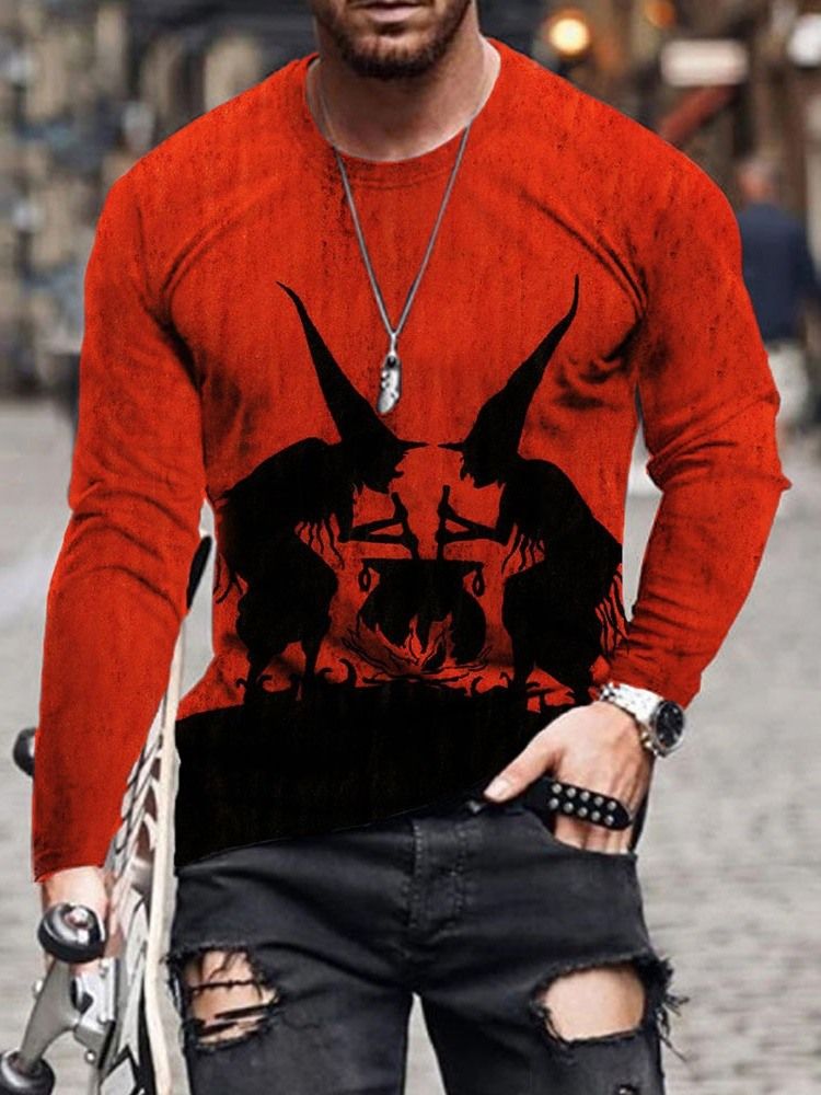 Rund Hals Avslappnad Tryck Rak Långärmad T-Shirt