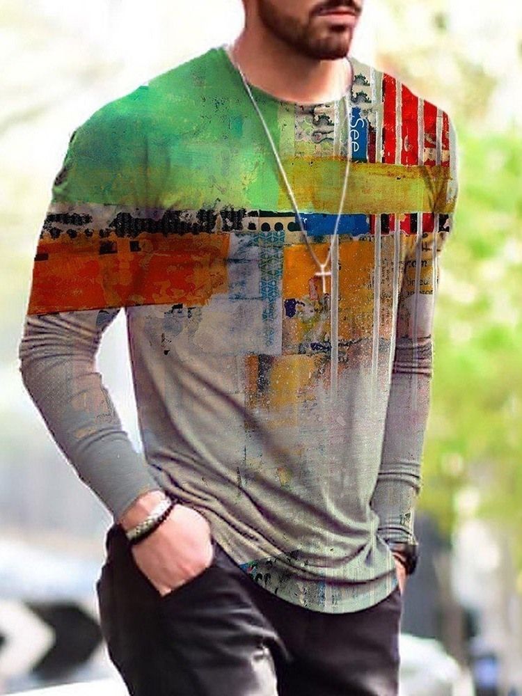 Rund Hals Casual Print Slim Långärmad T-Shirt För Män