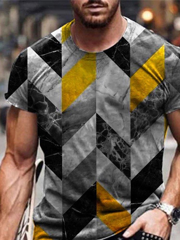 Rundhalsad Färgblocktryck Kortärmad Smal T-Shirt För Män